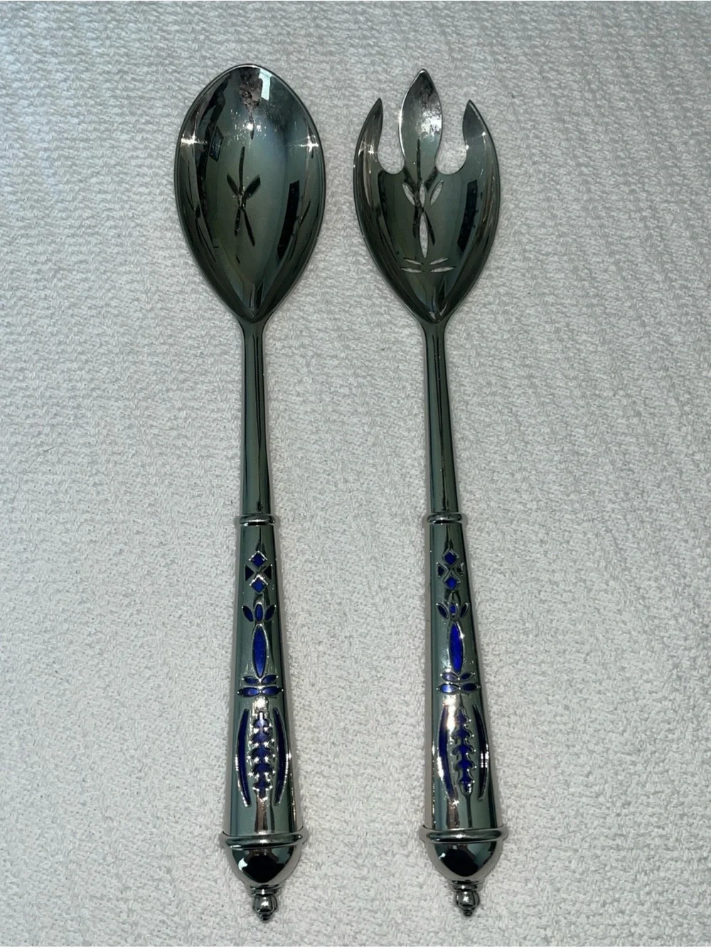 Avon Vintage silver plated serving utensils with cobalt blue glass inserts